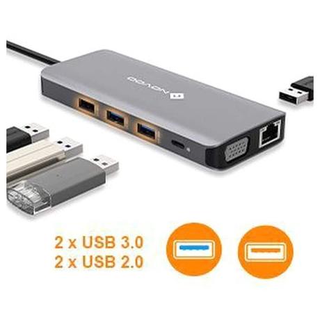 Novoo 11-in-1 USB-C Hub with 4 USB-A Port, USB-C PD Port, 2 HDMI Port, SD Card and TF Slot, VGA Port, Ethernet Port, Dark Grey-11