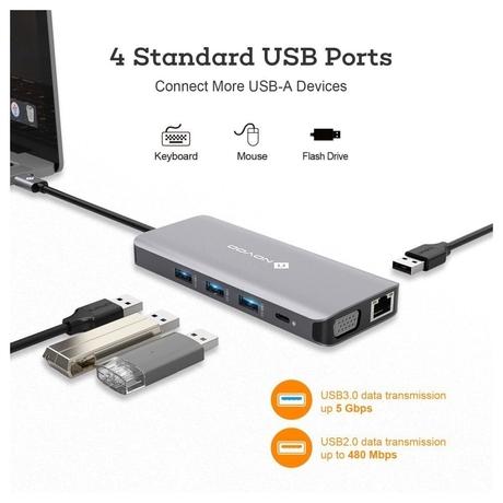 Novoo 11-in-1 USB-C Hub with 4 USB-A Port, USB-C PD Port, 2 HDMI Port, SD Card and TF Slot, VGA Port, Ethernet Port, Dark Grey-4