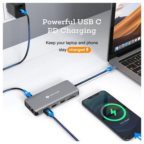 Novoo 11-in-1 USB-C Hub with 4 USB-A Port, USB-C PD Port, 2 HDMI Port, SD Card and TF Slot, VGA Port, Ethernet Port, Dark Grey-5