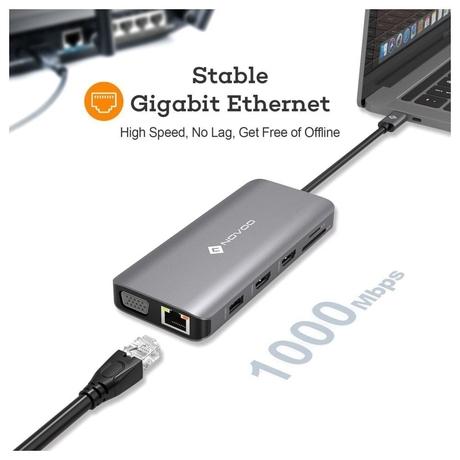 Novoo 11-in-1 USB-C Hub with 4 USB-A Port, USB-C PD Port, 2 HDMI Port, SD Card and TF Slot, VGA Port, Ethernet Port, Dark Grey-6