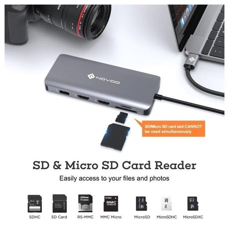 Novoo 11-in-1 USB-C Hub with 4 USB-A Port, USB-C PD Port, 2 HDMI Port, SD Card and TF Slot, VGA Port, Ethernet Port, Dark Grey-7