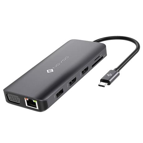 Novoo 12-in-1 USB-C Hub with 4 USB-A Port, USB-C PD Port, 2 HDMI Port, SD Card and TF Slot, VGA Port, Ethernet Port, Audio Port, Dark Grey-0