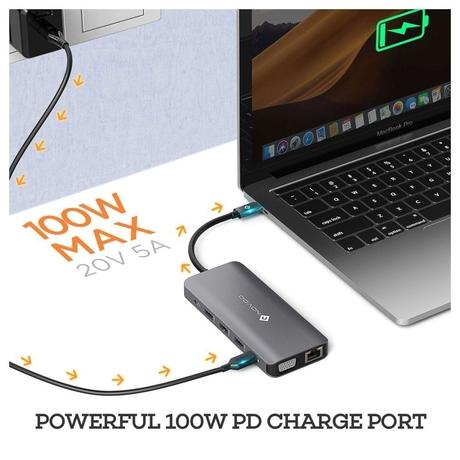 Novoo 12-in-1 USB-C Hub with 4 USB-A Port, USB-C PD Port, 2 HDMI Port, SD Card and TF Slot, VGA Port, Ethernet Port, Audio Port, Dark Grey-3