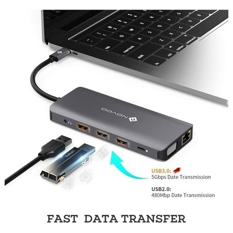 Novoo 12-in-1 USB-C Hub with 4 USB-A Port, USB-C PD Port, 2 HDMI Port, SD Card and TF Slot, VGA Port, Ethernet Port, Audio Port, Dark Grey-5