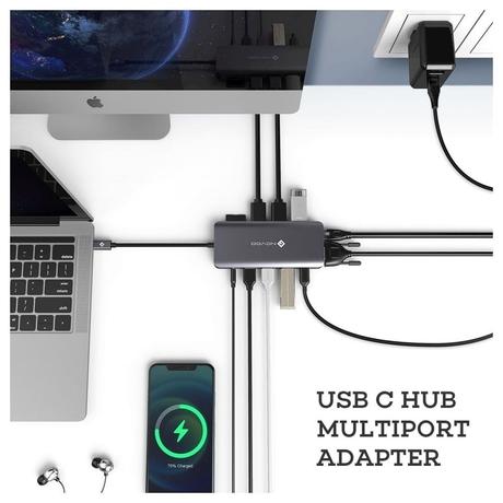 Novoo 12-in-1 USB-C Hub with 4 USB-A Port, USB-C PD Port, 2 HDMI Port, SD Card and TF Slot, VGA Port, Ethernet Port, Audio Port, Dark Grey-6