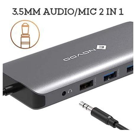 Novoo 12-in-1 USB-C Hub with 4 USB-A Port, USB-C PD Port, 2 HDMI Port, SD Card and TF Slot, VGA Port, Ethernet Port, Audio Port, Dark Grey-7