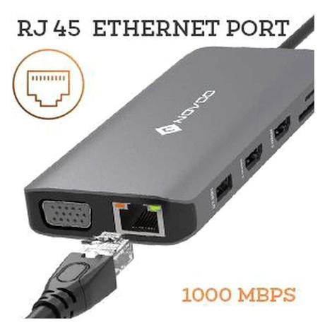 Novoo 12-in-1 USB-C Hub with 4 USB-A Port, USB-C PD Port, 2 HDMI Port, SD Card and TF Slot, VGA Port, Ethernet Port, Audio Port, Dark Grey-8