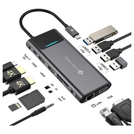 Novoo 12-in-1 Pro USB-C Hub with 4 USB-A Port, USB-C PD Port, 2 HDMI Port, SD Card and TF Slot, VGA Port, Ethernet Port, Audio Port, Dark Grey-1