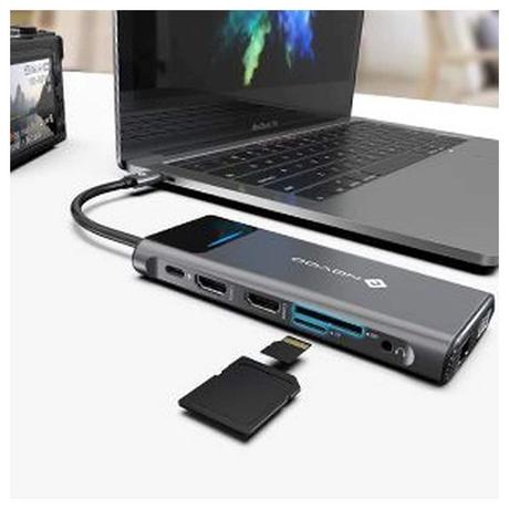 Novoo 12-in-1 Pro USB-C Hub with 4 USB-A Port, USB-C PD Port, 2 HDMI Port, SD Card and TF Slot, VGA Port, Ethernet Port, Audio Port, Dark Grey-12