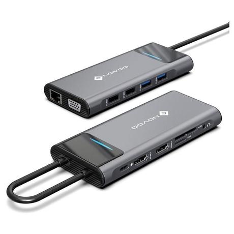 Novoo 12-in-1 Pro USB-C Hub with 4 USB-A Port, USB-C PD Port, 2 HDMI Port, SD Card and TF Slot, VGA Port, Ethernet Port, Audio Port, Dark Grey-2