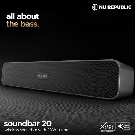 Nu Republic Soundbar 20 Bluetooth Soundbar with X-Bass Technology, 52mm Dynamic Drivers, Upto 12 Hrs Playtime, 20 W Output, Aux/USB Port (5.0 Channel (Black)-1