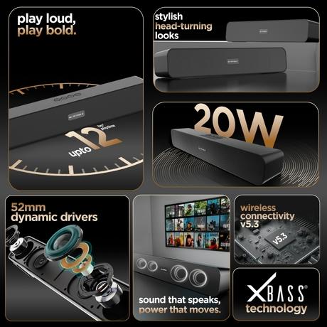 Nu Republic Soundbar 20 Bluetooth Soundbar with X-Bass Technology, 52mm Dynamic Drivers, Upto 12 Hrs Playtime, 20 W Output, Aux/USB Port (5.0 Channel (Black)-2