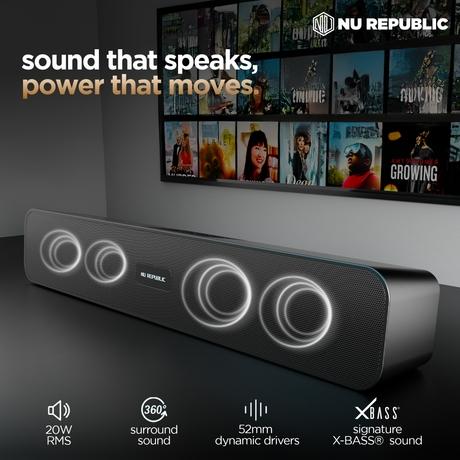 Nu Republic Soundbar 20 Bluetooth Soundbar with X-Bass Technology, 52mm Dynamic Drivers, Upto 12 Hrs Playtime, 20 W Output, Aux/USB Port (5.0 Channel (Black)-8
