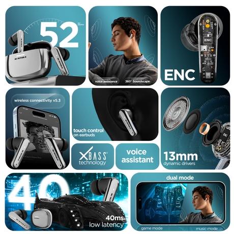 Nu Republic Epic X4 TWS Earbuds with 52 Hour Playtime, X-Bass Technology, 13 mm Neodymium Drivers, ENC Mics, Dual Mode, 40 ms Low Latency, Quick Charge 15mins = 200 Mins Play (Silver/Black)-2