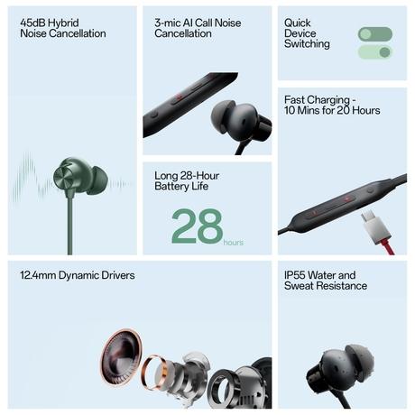 OnePlus Bullets Wireless Z2 ANC Bluetooth in Ear Earphones with Mic, 45dB Hybrid ANC, Bombastic Bass - 12.4 mm Drivers, 10 Mins Charge - 20 Hrs Music, 28 Hrs Battery (Green)-9