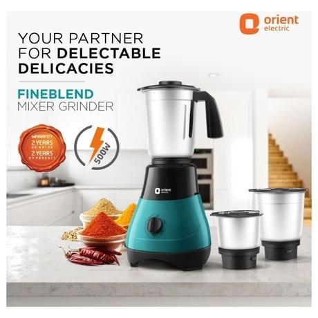 Orient Electric Fine Blend 500W 3 Jars Mixer Grinder, 3 Speed Control, Blue and Black-1