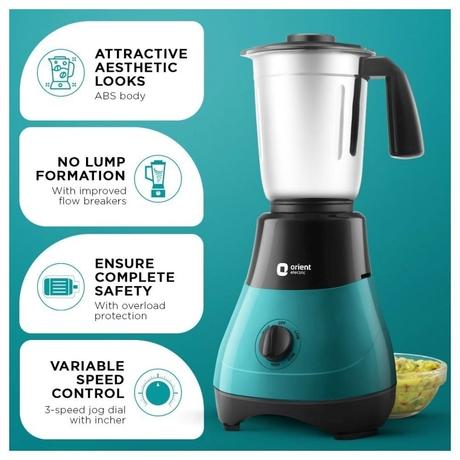 Orient Electric Fine Blend 500W 3 Jars Mixer Grinder, 3 Speed Control, Blue and Black-2