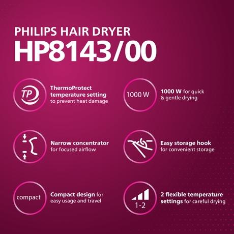 Philips 1000 Watts,Hair Dryer, 2 Heat Settings, Easy Handling HP8143/00, Pink-1