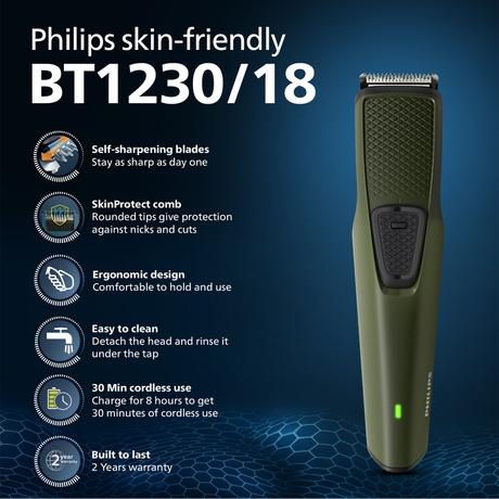 Philips Cordless Beard Trimmer with Dura Power Technology, 30 Min Runtime & 3 Length Settings (BT1230/18) Green-1