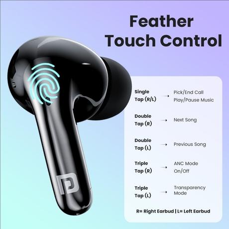 Portronics Harmonics Twins 28 ANC TWS In Ear Earbuds with Smart Touch Control, 50 Hours Playback, Quad Mic ENC, Low Latency, 13 mm Dynamic Driver, IPX 5 Water Resistant, Fast Type C Charging, (Black) - POR 2241-3
