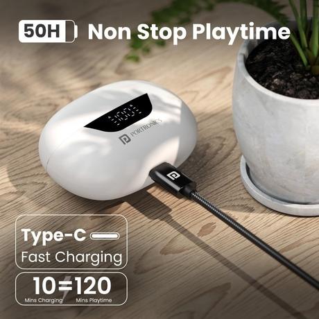 Portronics Harmonics Twins 28 ANC TWS In Ear Earbuds with Smart Touch Control, 50 Hours Playback, Quad Mic ENC, Low Latency, 13 mm Dynamic Driver, IPX 5 Water Resistant, Fast Type C Charging (White) - POR 2242-4