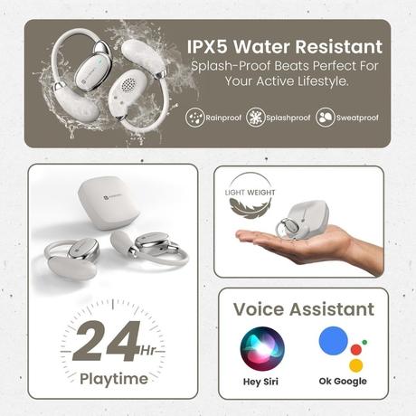 Portronics Harmonics Twins 31 Over Ear OWS Smart Wireless Earbuds with HD Mic, Secure & Flexible Earhook, Touch Control, 24 Hours Playtime, Music/Gaming Mode, BT 5.4V, Light Weight (Beige) - POR 2751-5