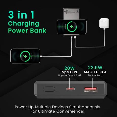 Portronics Luxcell Magclick 10000 mAH Power Bank, Dark Grey, POR-2257-4
