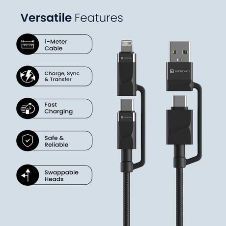 Portronics 4 in 1 65 W Braided Power Cable, Black