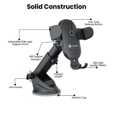 Portronics Clamp M2 Car Mobile Holder, Black-4