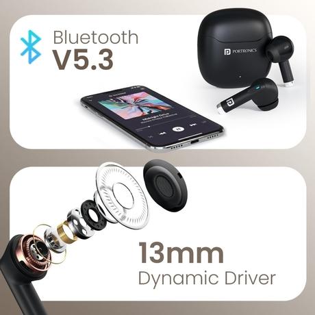Portronics Twins S18 Pro In Ear TWS Earbuds with 30 Hours Playtime, in Built HD Mic, Game/Music Mode, 13 mm Dynamic Driver, Low Latency, Touch Control, Type C Fast Charging, Light Weight, Comfy Fit (Black) - POR 2841-2