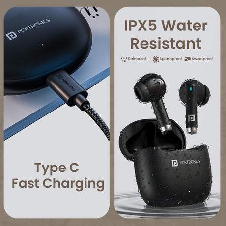 Portronics Twins S18 Pro In Ear TWS Earbuds with 30 Hours Playtime, in Built HD Mic, Game/Music Mode, 13 mm Dynamic Driver, Low Latency, Touch Control, Type C Fast Charging, Light Weight, Comfy Fit (Black) - POR 2841-5