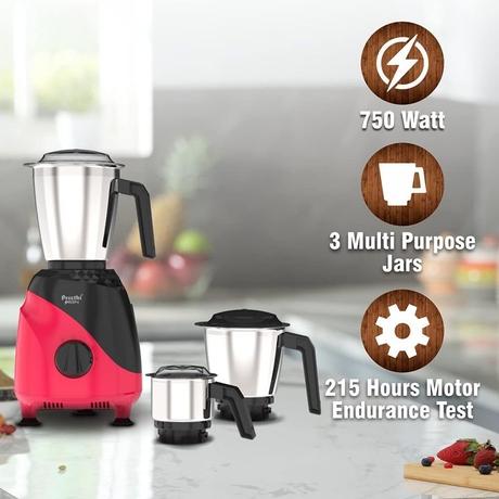 Preethi Peppy 750 Watts 3 Jars Mixer Grinder,Razor Sharp Blade Technology, MG 245, Red and Black-4