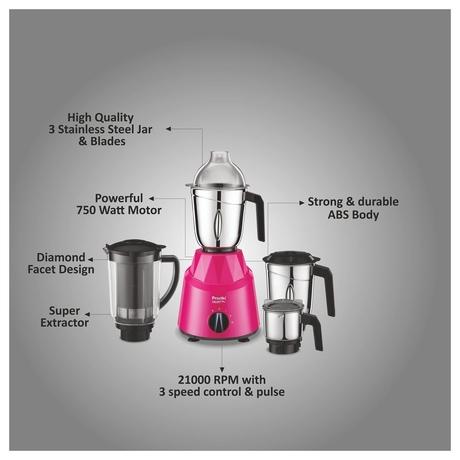 Preethi Galaxy Plus 750 Watt Mixer Grinder with 4 Stainless Steel Jar, Pink-2