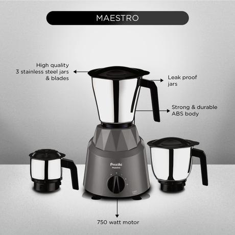 Preethi Maestro Mixer 750 Watts with 3 Jar, Grey, MG284-3