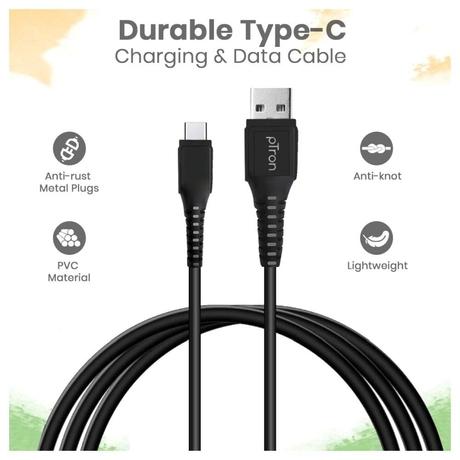 pTron Solero T241 Type-C Charging & Data Cable, 2.4A Fast Charging, 1 meter PVC Cable, USB-A To Type-C Port, Anti-Rust Metal Plugs, Anti-knot, Widely Compatible, Black-2
