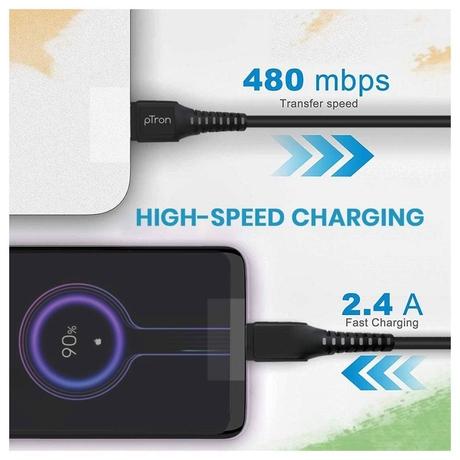 pTron Solero T241 Type-C Charging & Data Cable, 2.4A Fast Charging, 1 meter PVC Cable, USB-A To Type-C Port, Anti-Rust Metal Plugs, Anti-knot, Widely Compatible, Black-3