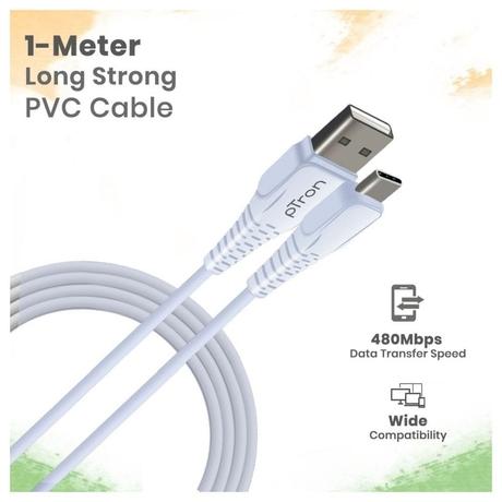 pTron Solero T241 Type-C Charging & Data Cable, 2.4A Fast Charging, 1 meter PVC Cable, USB-A To Type-C Port, Anti-Rust Metal Plugs, Anti-knot, Widely Compatible, White-3