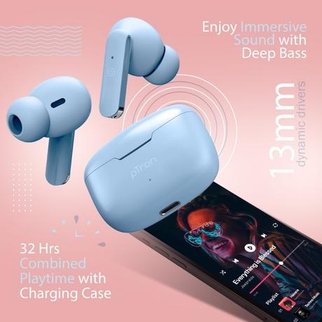 pTron True Wireless Bassbuds Air Bluetooth Headphones,Upto 32 Hours of Playtime, 13 mm Dynamic Drivers, Built-In Dual HD Mic, Bluetooth v5.1, Quick Connect ,Touch Control, Voice Assistant Support, Type-C Fast Charging, Powder Blue-2