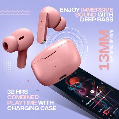 pTron True Wireless Bassbuds Air Bluetooth Headphones,Upto 32 Hours of Playtime, 13 mm Dynamic Drivers, Built-In Dual HD Mic, Bluetooth v5.1, Quick Connect,Touch Control, Voice Assistant Support, Type-C Fast Charging, Flamingo Pink-2