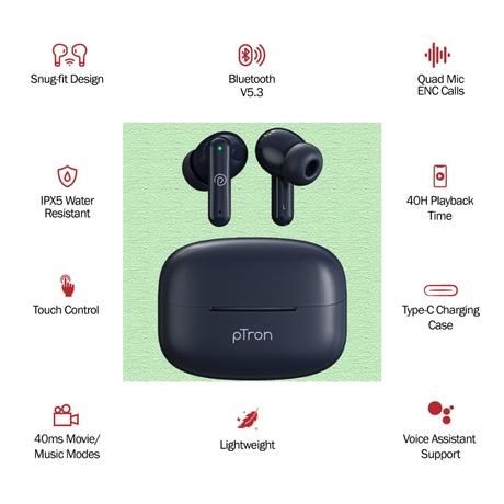 pTron Zenbuds X1 Quad Mic TWS Earbuds, Blue, TruTalk ENC Calls, 40 Hours Playtime, In Ear Sensor, 40 ms Movie and Music Modes, Type C Fast Charging and IPX5-1