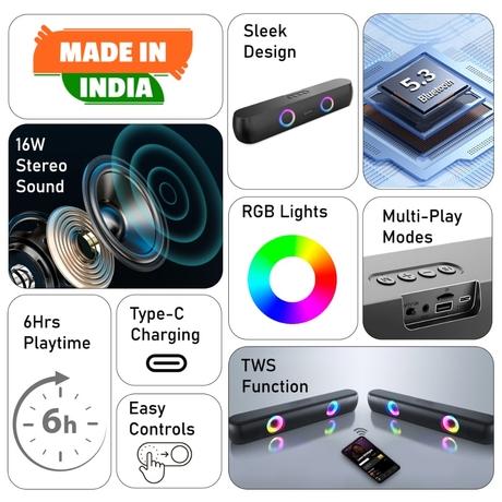 pTron Funk Wave v1 16 W Bluetooth Soundbar Speaker, Stereo Sound, RGB Lights, Metal Grill, Soundbar for Phone/TV/Laptop/Tablets, BT v5.3/Aux/TF Card/USB Playback & TWS Pairing (Black)-1