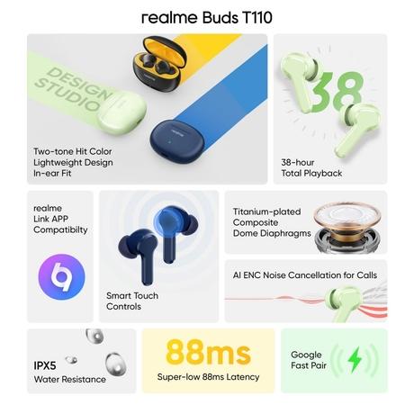 Realme Buds T110 with AI ENC for calls, upto 38 hours of Playback and Fast Charging Bluetooth Headset (Punk Black, True Wireless)-1