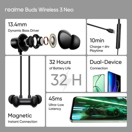 realme Buds wireless 3 Neo Bluetooth Neckband with 13.4 mm Dynamic Bass Boost Driver, upto 32 Hours Playback , Fast Charge, AI ENC, 45ms Ultra Low latency, IP55 Dust & water resistannt, Dual Pairing & Bluetooth v5.4 (Black)-1