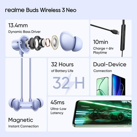 realme Buds wireless 3 Neo Bluetooth Neckband with 13.4 mm Dynamic Bass Boost Driver, upto 32 Hours Playback , Fast Charge, AI ENC, 45ms Ultra Low latency, IP55 Dust & water resistannt, Dual Pairing & Bluetooth v5.4 (Blue)-1