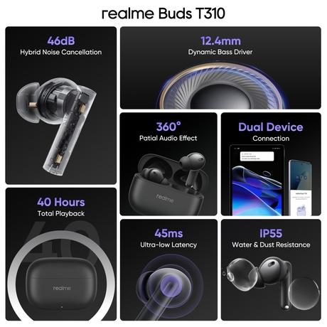 realme Buds T310 TWS Bluetooth Earbuds with 12.4 mm Dynamic Bass Driver, 40 Hrs Total Playback, Fast Charge (10 min Charge for 5 hrs Playback), Vibrant Black-1
