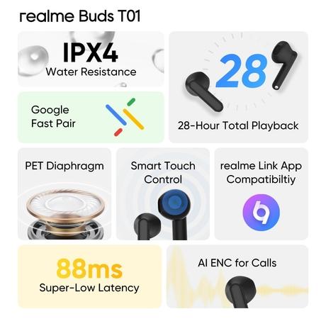 realme Buds T01 Truly Wireless in-Ear Earbuds with AI ENC for Calls, 13 mm Dynamic Bass Driver, Upto 28 Hrs Battery, 88 mm Latency, Bluetooth v5.4 & Google Fast Pair, Black-1