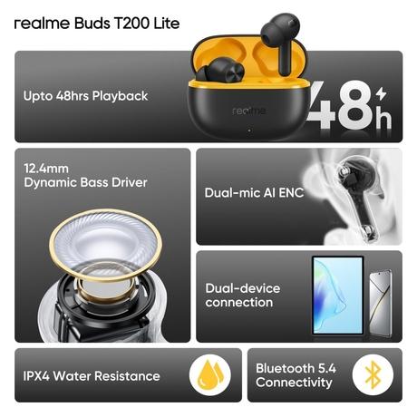 realme Buds T200 Lite Bluetooth in Ear Earbuds, AI ENC for Calls, 48 Hours Total Playback with Fast Charging and Low Latency Gaming TWS, Google Fast Pair IPX 4 Water resistant, with mic (Volt Black)-1
