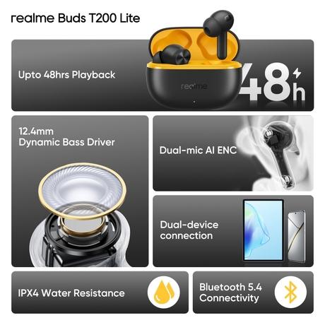 realme Buds T200 Lite Bluetooth in Ear Earbuds, AI ENC for Calls, 48 Hours Total Playback with Fast Charging and Low Latency Gaming TWS, Google Fast Pair IPX 4 Water resistant, with mic (Volt Black)-1