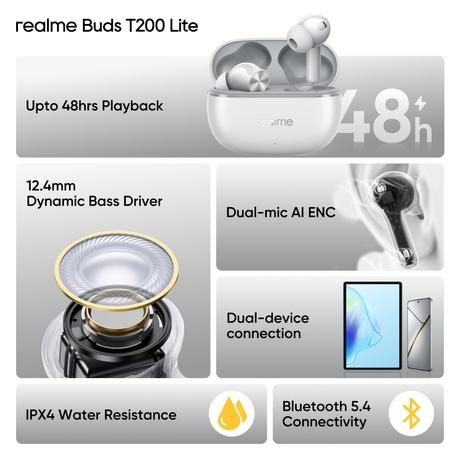 realme Buds T200 Lite Bluetooth in Ear Earbuds, AI ENC for Calls, 48 Hours Total Playback with Fast Charging and Low Latency Gaming TWS, Google Fast Pair IPX 4 Water resistant, with mic (Storm Grey)-1