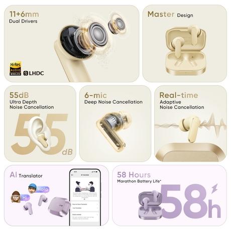 realme Buds Air 8, 11 mm + 6 mm Dual Dynamic Bass Drivers, 58 Hrs Playtime, 55 dB ANC,6 Mic ENC, 45 ms Low Latency, 360 Spatial Audio, Hi-Res LHDC , IP55 Dust & Water Resistant, BT v5.4 (Master Purple)-4